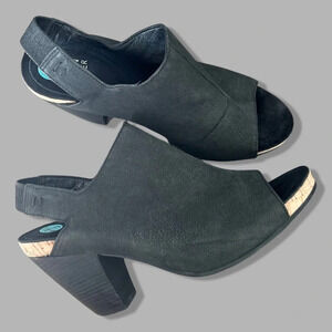 Eileen Fisher Black Pebbled  Leather Open Toe Slingback Ankle Bootie